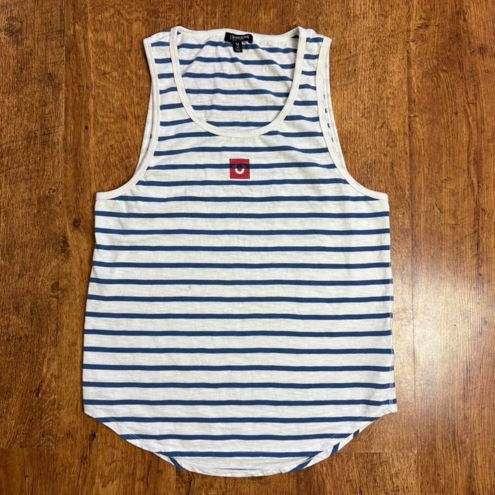 True Religion Mens Striped Tank Top Blue White Horseshoe Logo Size Small